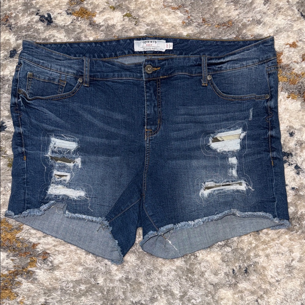 Torrid Dark Blue Distressed Jean Shorts with Camo